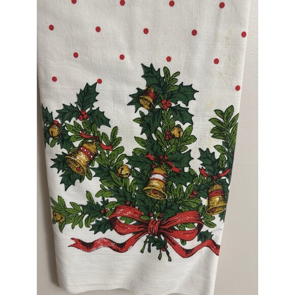 Vintage Christmas Printed Tablecloth Red Bows Ribbons Polka Dots 1950s Red Green - Picture 2 of 16